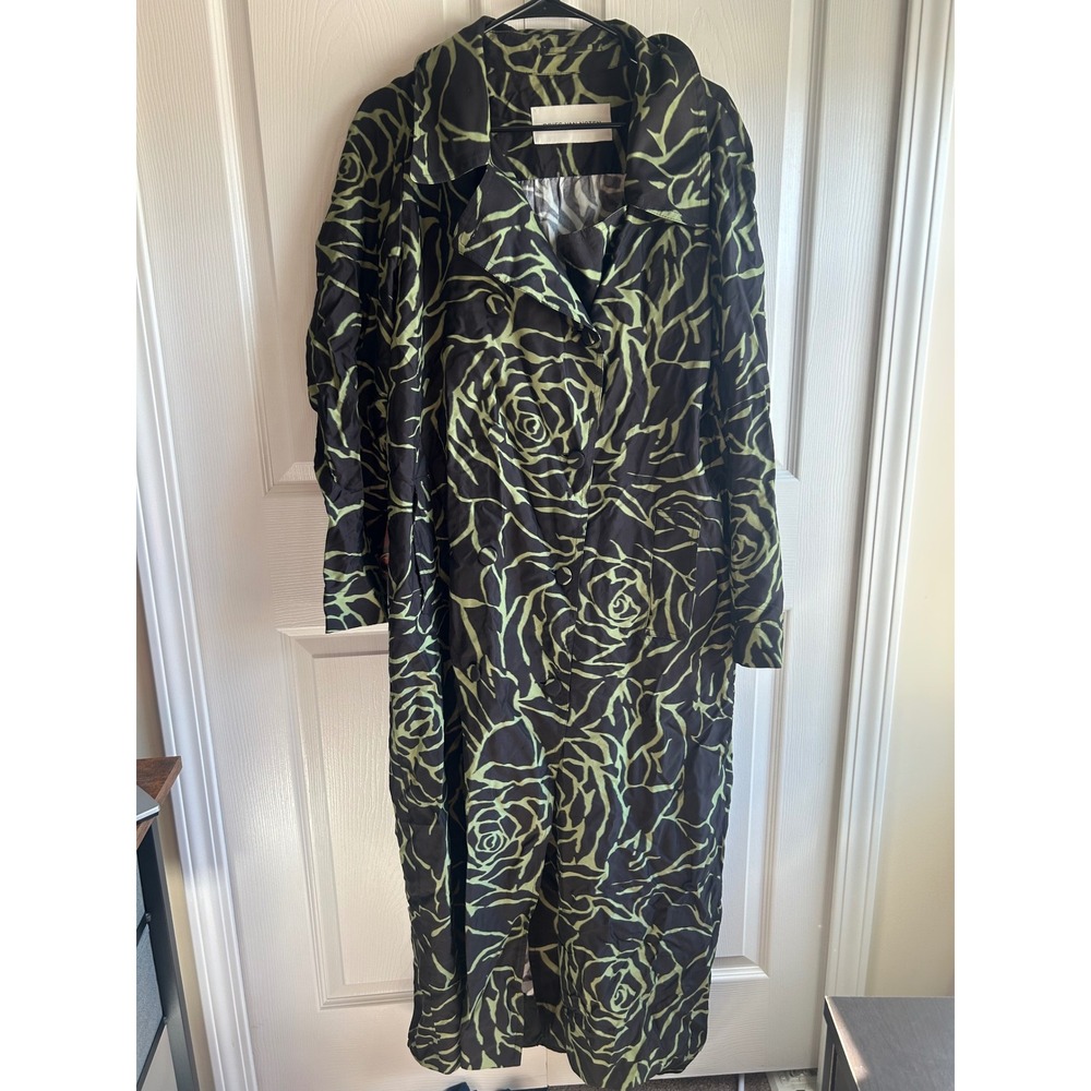 Dries Van Noten Abstract Rose Floral Maxi Dress Green Brown Double Breasted